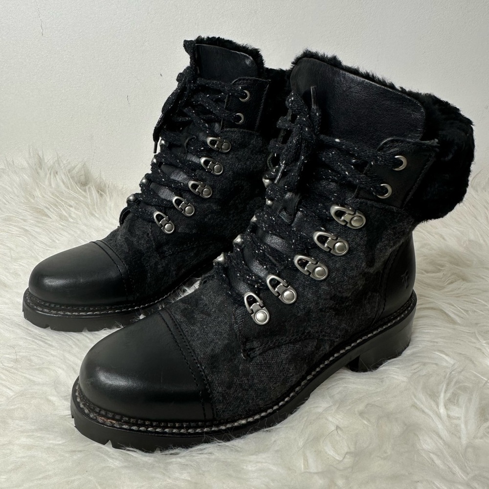 Frye Women’s Samantha Black Leather Canvas Shearling Combat Hiking Boots Size 8 - Picture 2 of 15